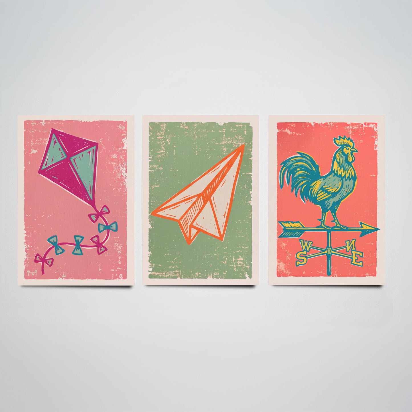 Kite, Paper Aeroplane and Weathervane - Set of Three Linocut Illustrations - Sky Art Prints - Up in the Air Posters V2