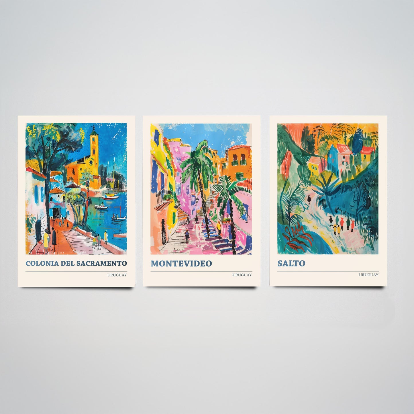 Colonia Montevideo Salto Set of Three Art Prints | Uruguay Travel Poster Illustration