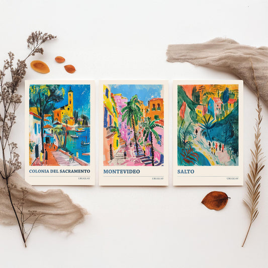 Colonia Montevideo Salto Set of Three Art Prints | Uruguay Travel Poster Illustration
