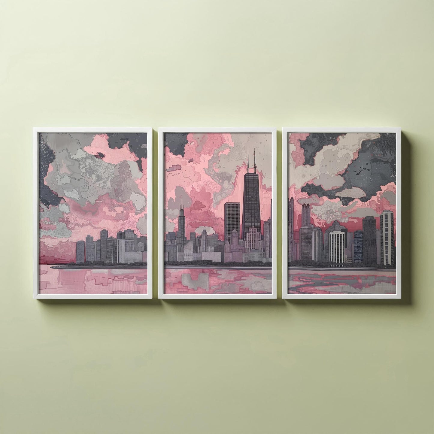 Chicago Skyline Set of Three Art Prints | Willis Tower Lake View Poster Illustration V1