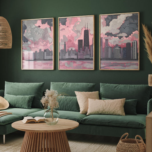 Chicago Skyline Set of Three Art Prints | Willis Tower Lake View Poster Illustration V1