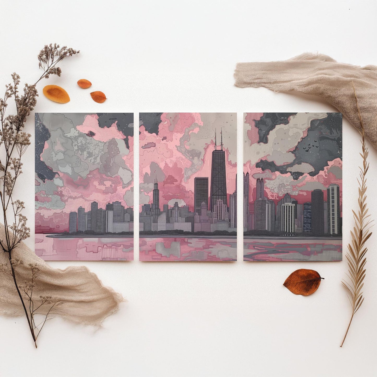 Chicago Skyline Set of Three Art Prints | Willis Tower Lake View Poster Illustration V1