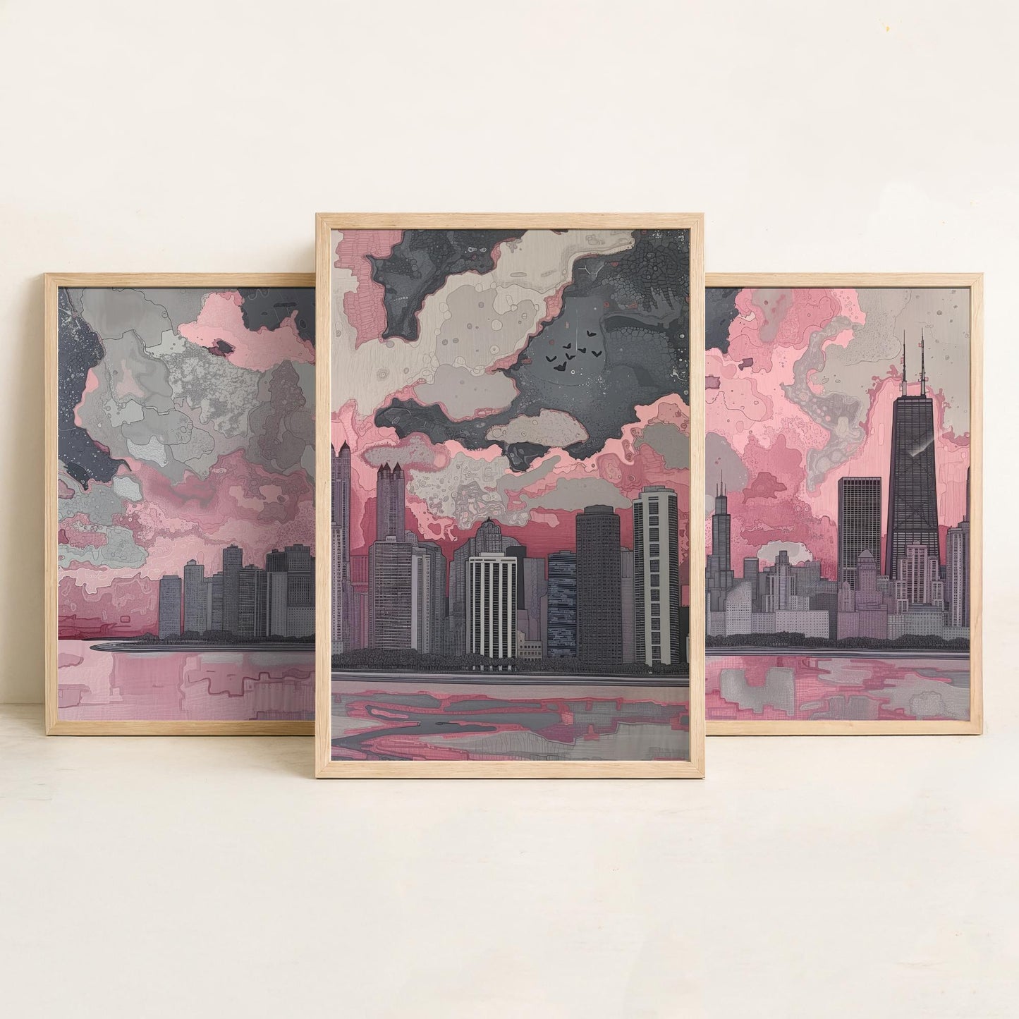 Chicago Skyline Set of Three Art Prints | Willis Tower Lake View Poster Illustration V1