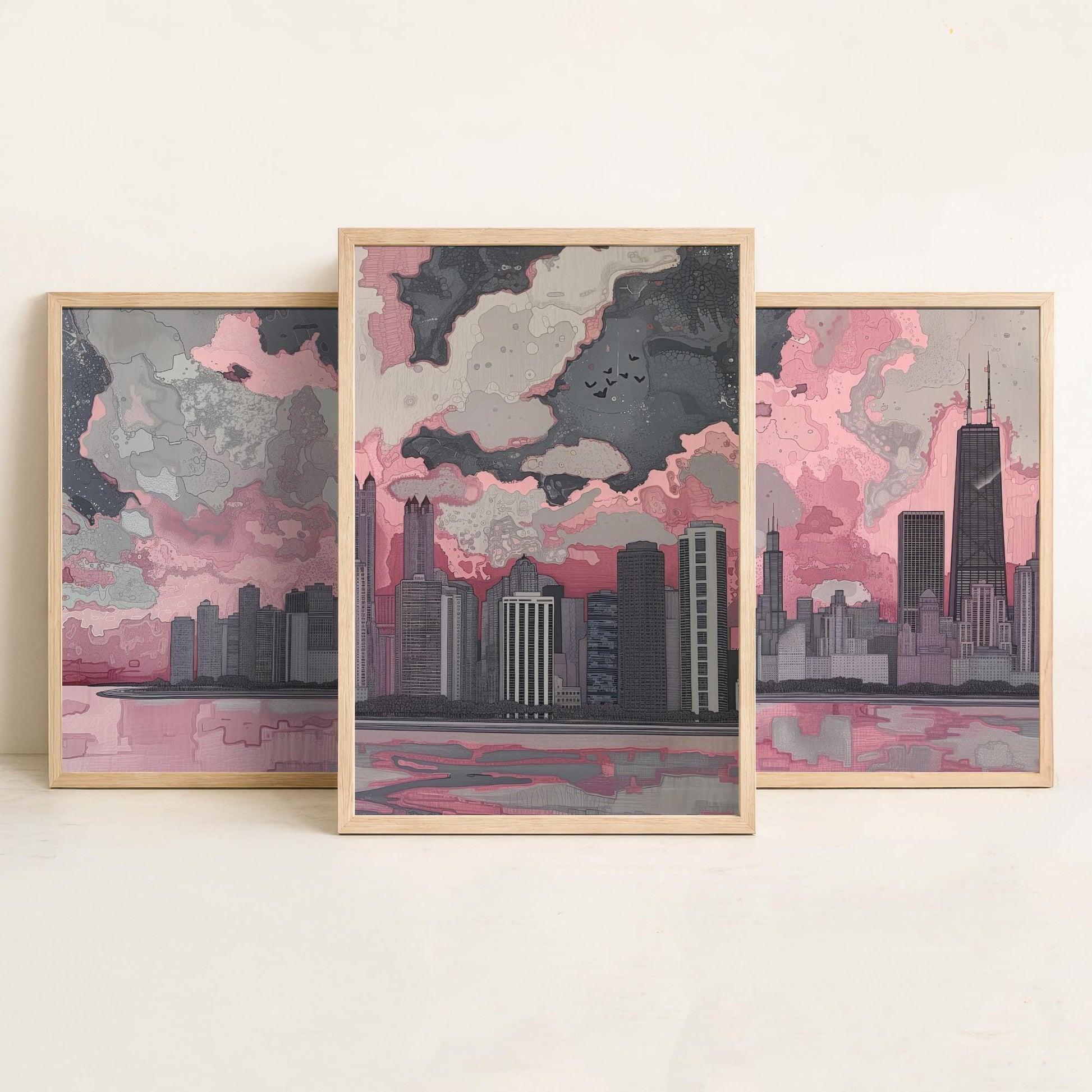 Chicago Skyline Set of Three Art Prints | Willis Tower Lake View Poster Illustration V1