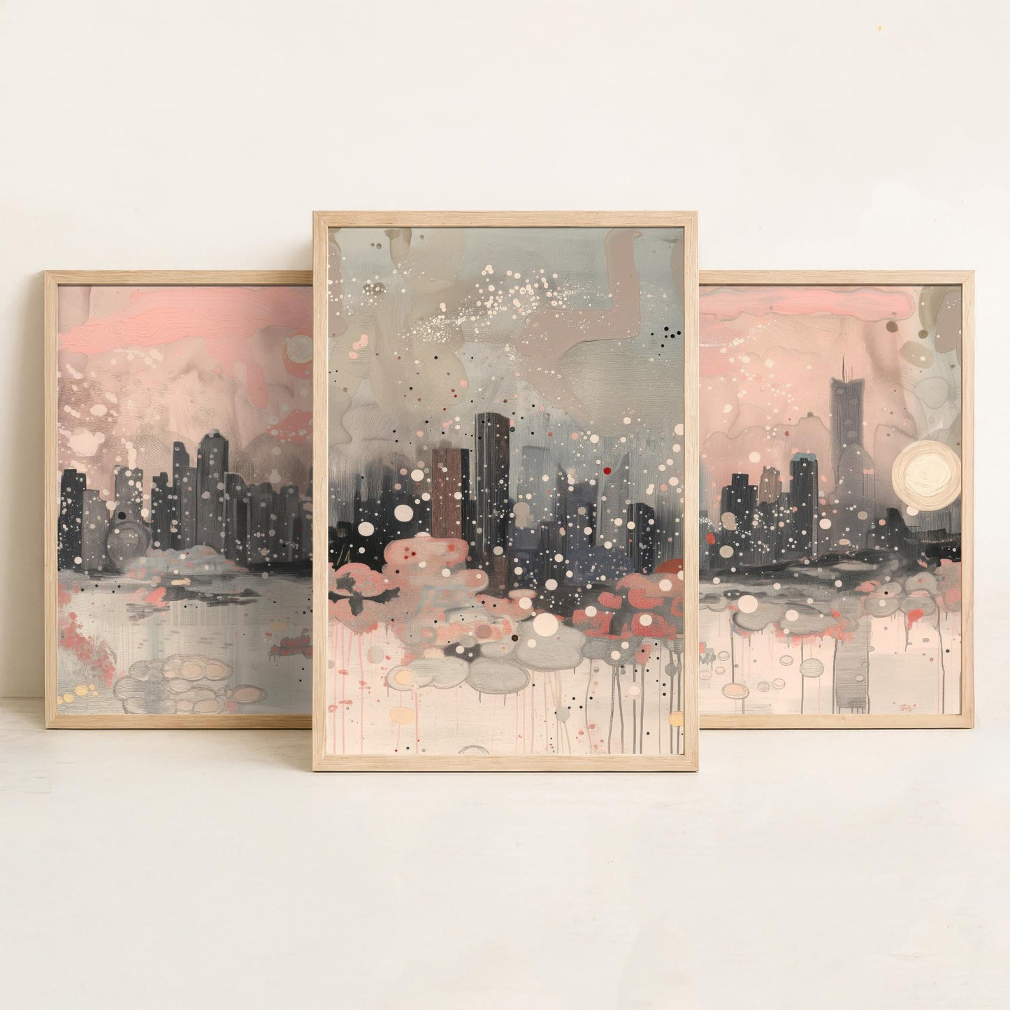 Chicago Skyline Set of Three Art Prints | Abstract Pink Grey Poster Illustration V2