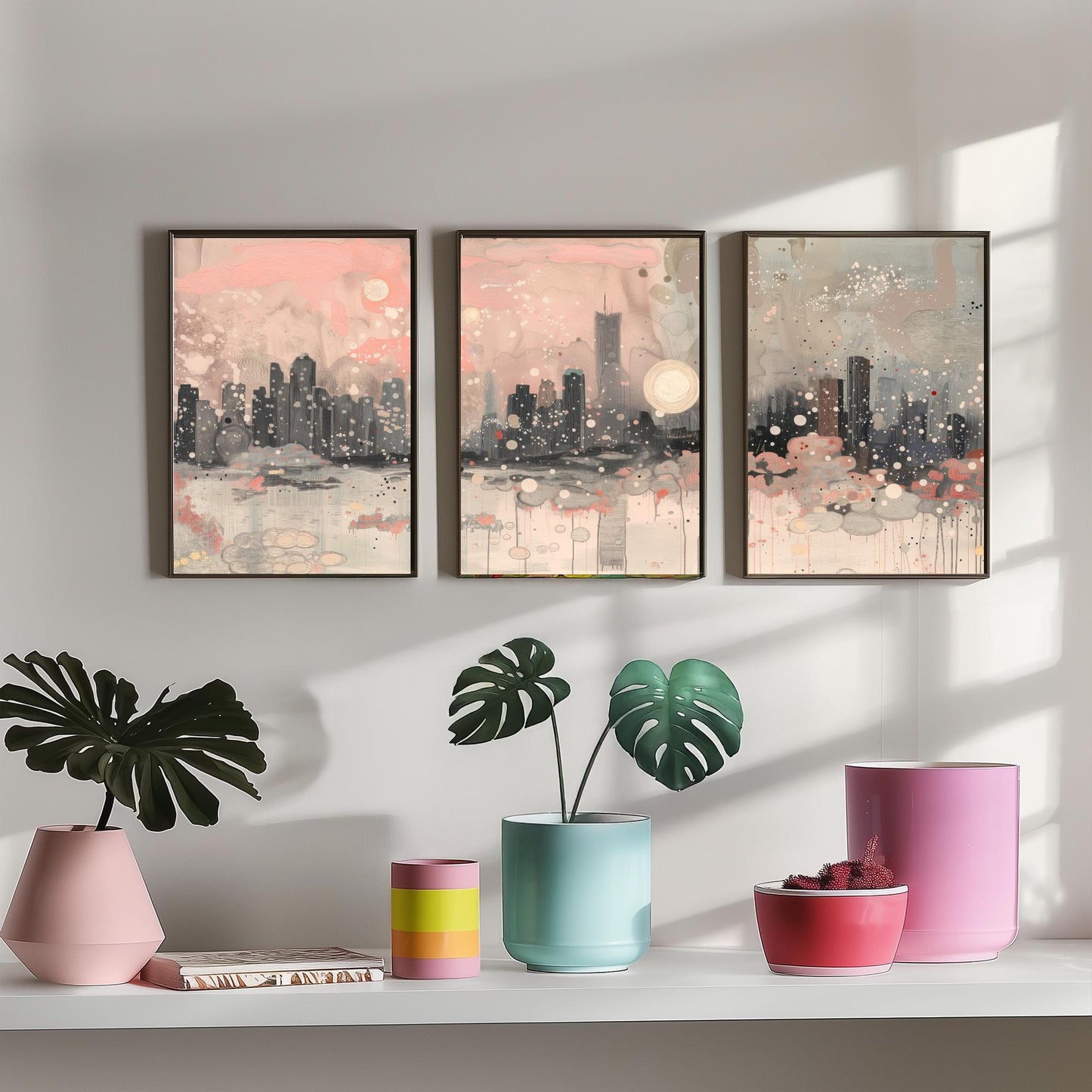 Chicago Skyline Set of Three Art Prints | Abstract Pink Grey Poster Illustration V2