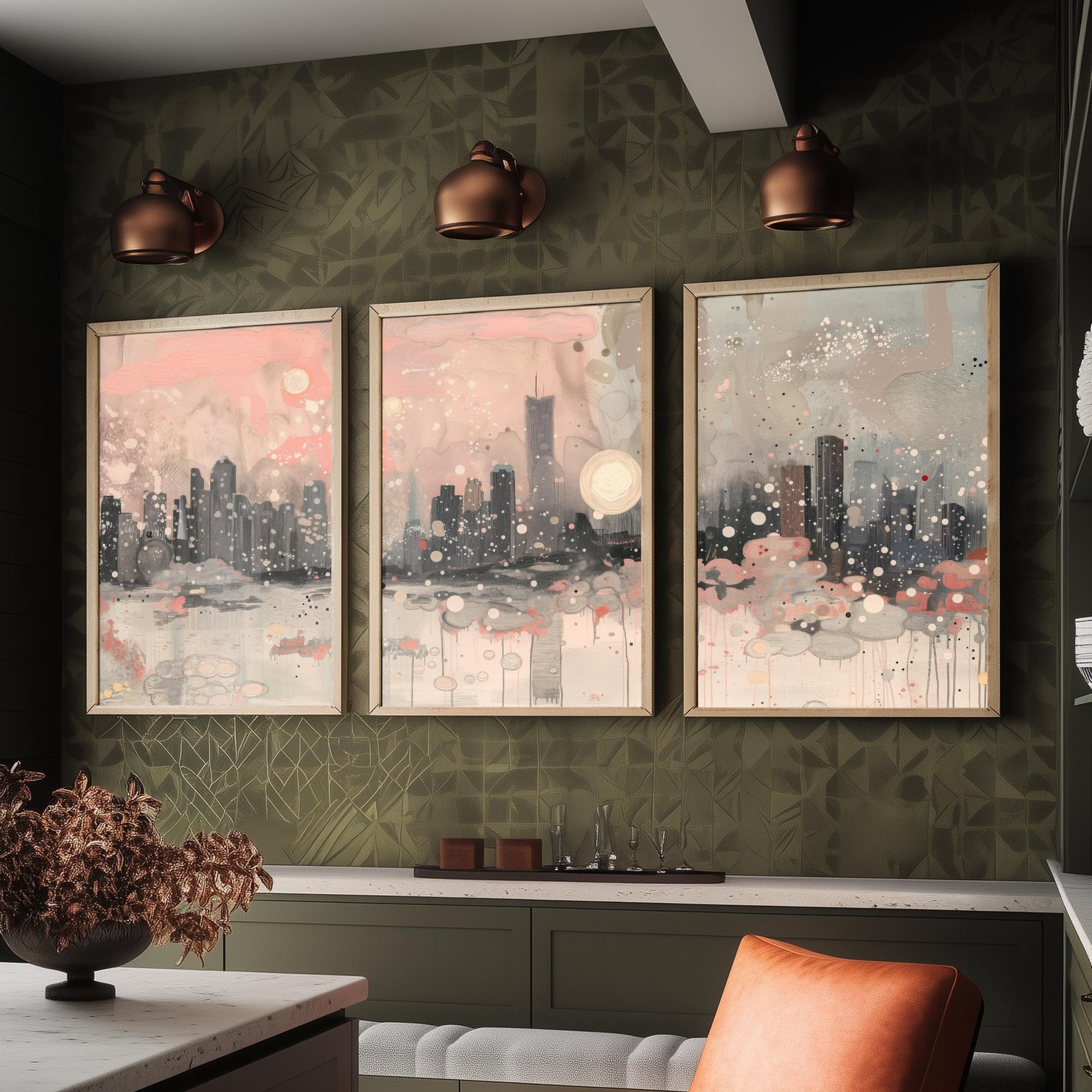 Chicago Skyline Set of Three Art Prints | Abstract Pink Grey Poster Illustration V2