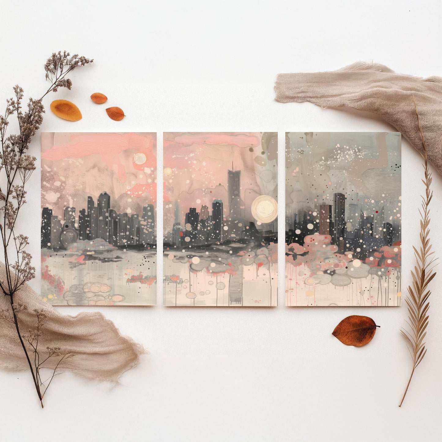 Chicago Skyline Set of Three Art Prints | Abstract Pink Grey Poster Illustration V2