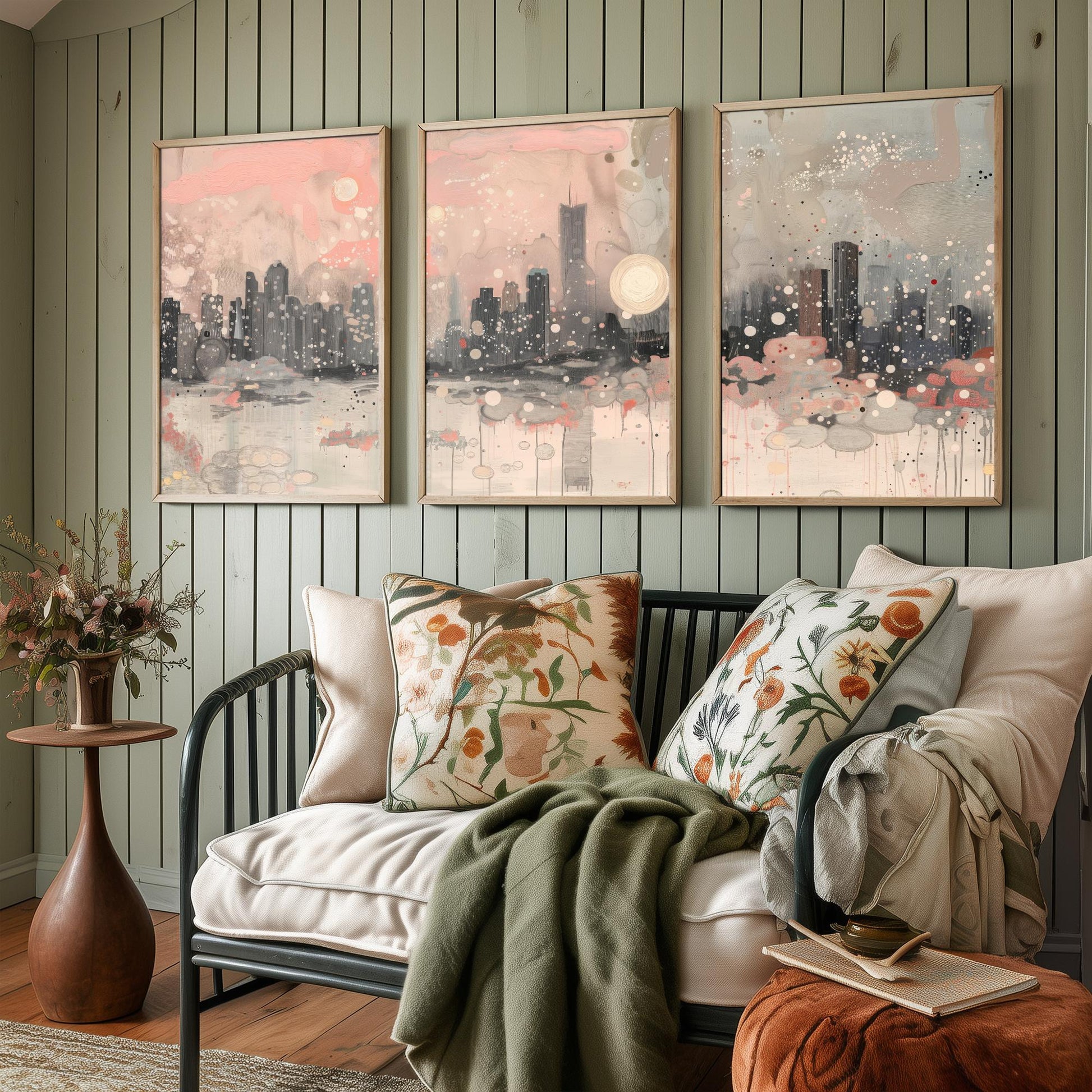Chicago Skyline Set of Three Art Prints | Abstract Pink Grey Poster Illustration V2