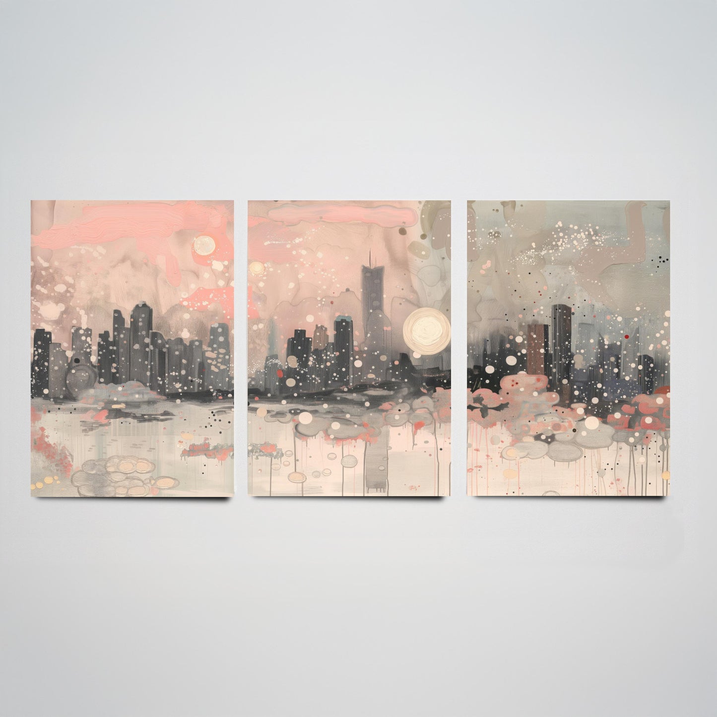 Chicago Skyline Set of Three Art Prints | Abstract Pink Grey Poster Illustration V2