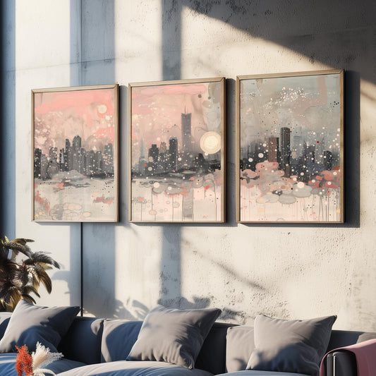 Chicago Skyline Set of Three Art Prints | Abstract Pink Grey Poster Illustration V2