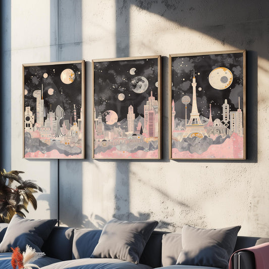 Las Vegas USA Set of Three Art Prints | Strip Skyline Wall Art | Pink Grey Poster Illustration