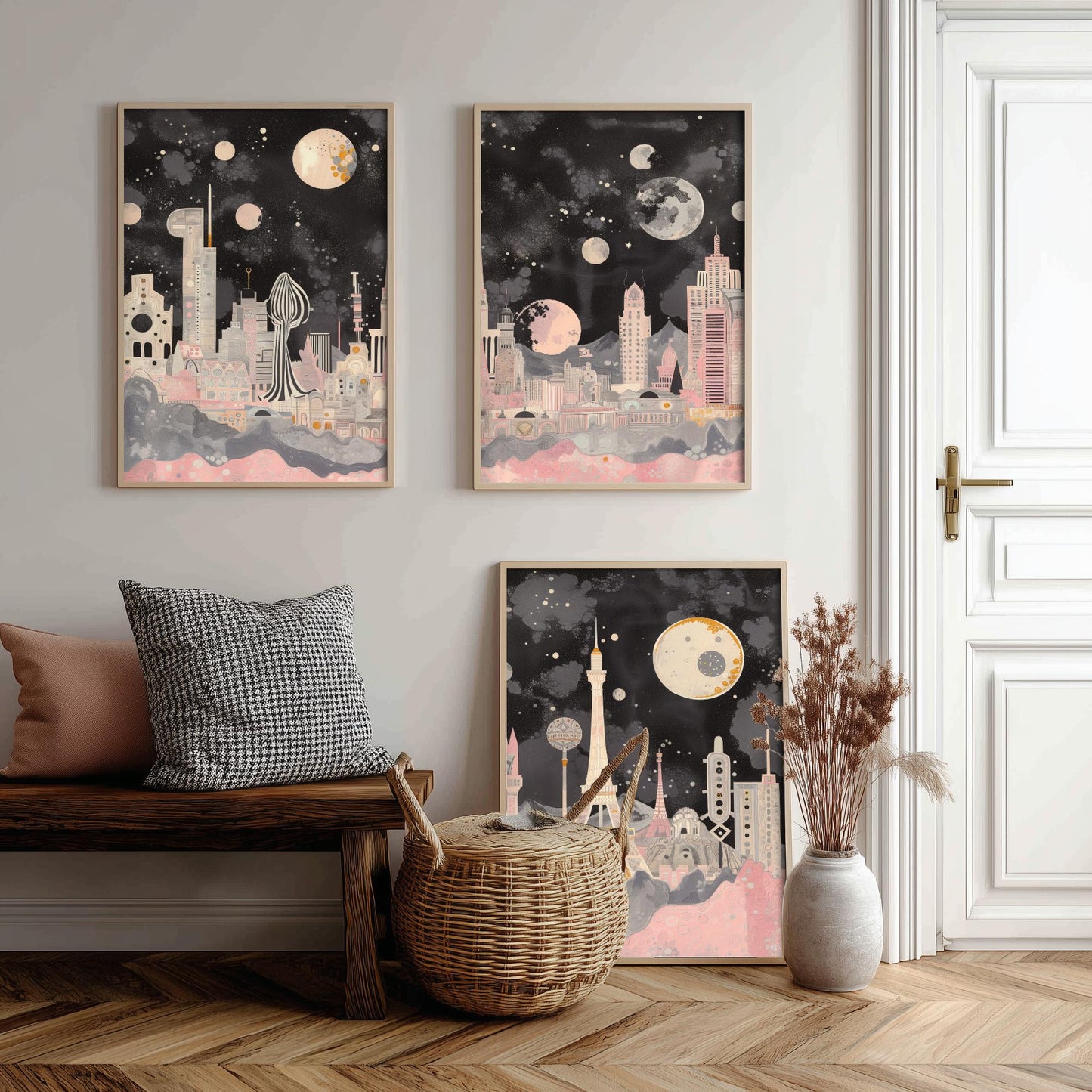 Las Vegas USA Set of Three Art Prints | Strip Skyline Wall Art | Pink Grey Poster Illustration