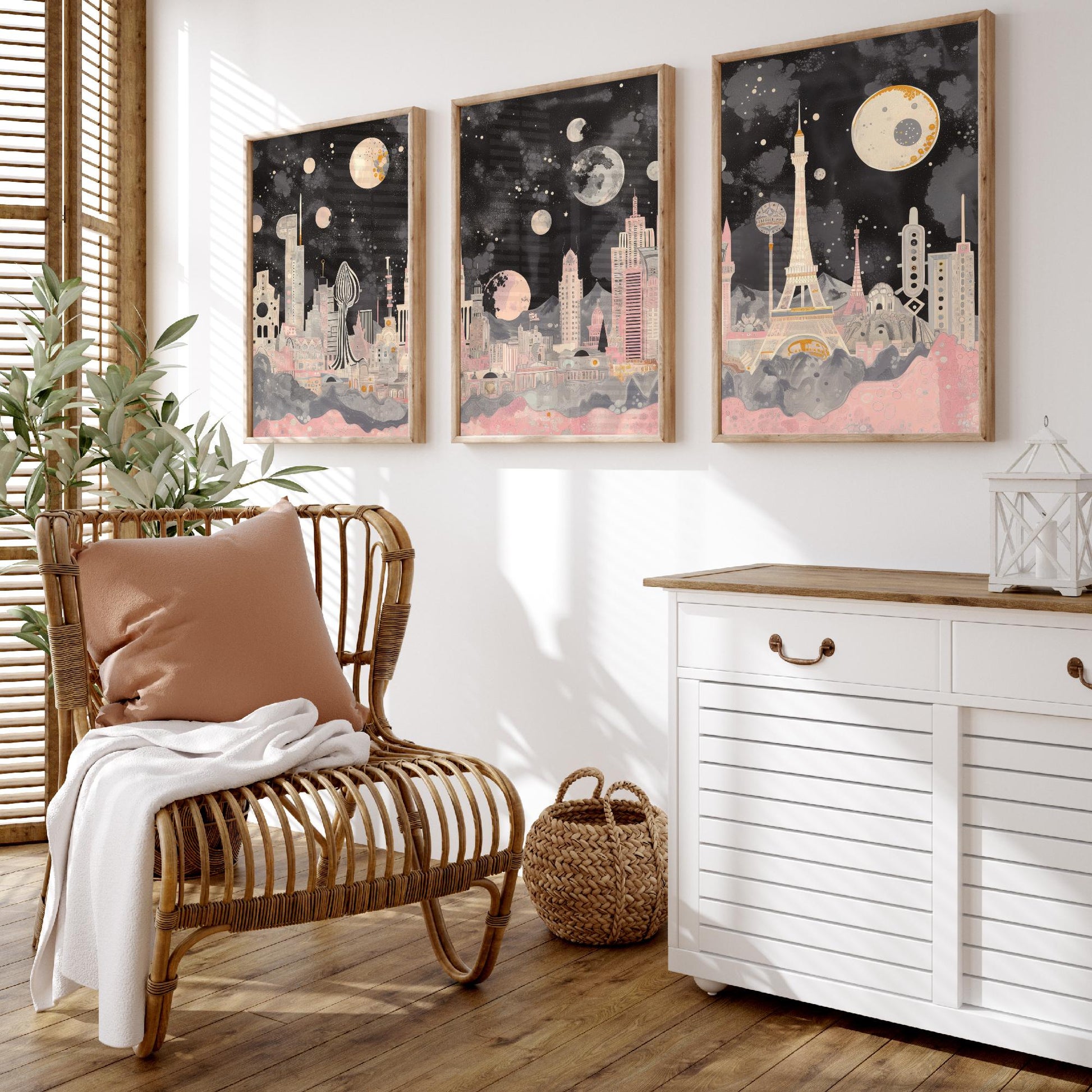 Las Vegas USA Set of Three Art Prints | Strip Skyline Wall Art | Pink Grey Poster Illustration