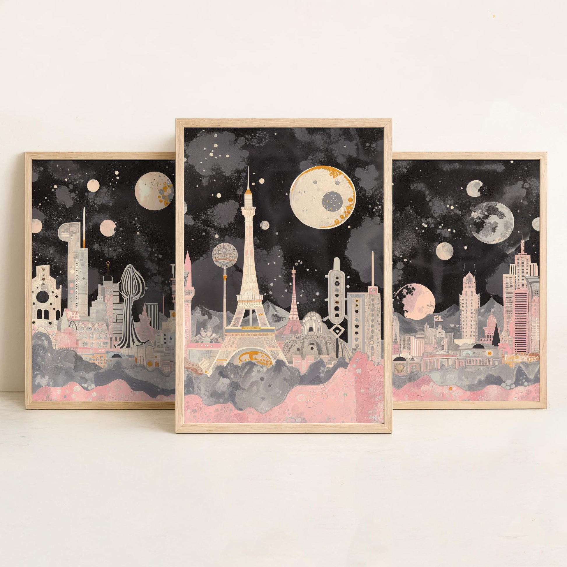 Las Vegas USA Set of Three Art Prints | Strip Skyline Wall Art | Pink Grey Poster Illustration
