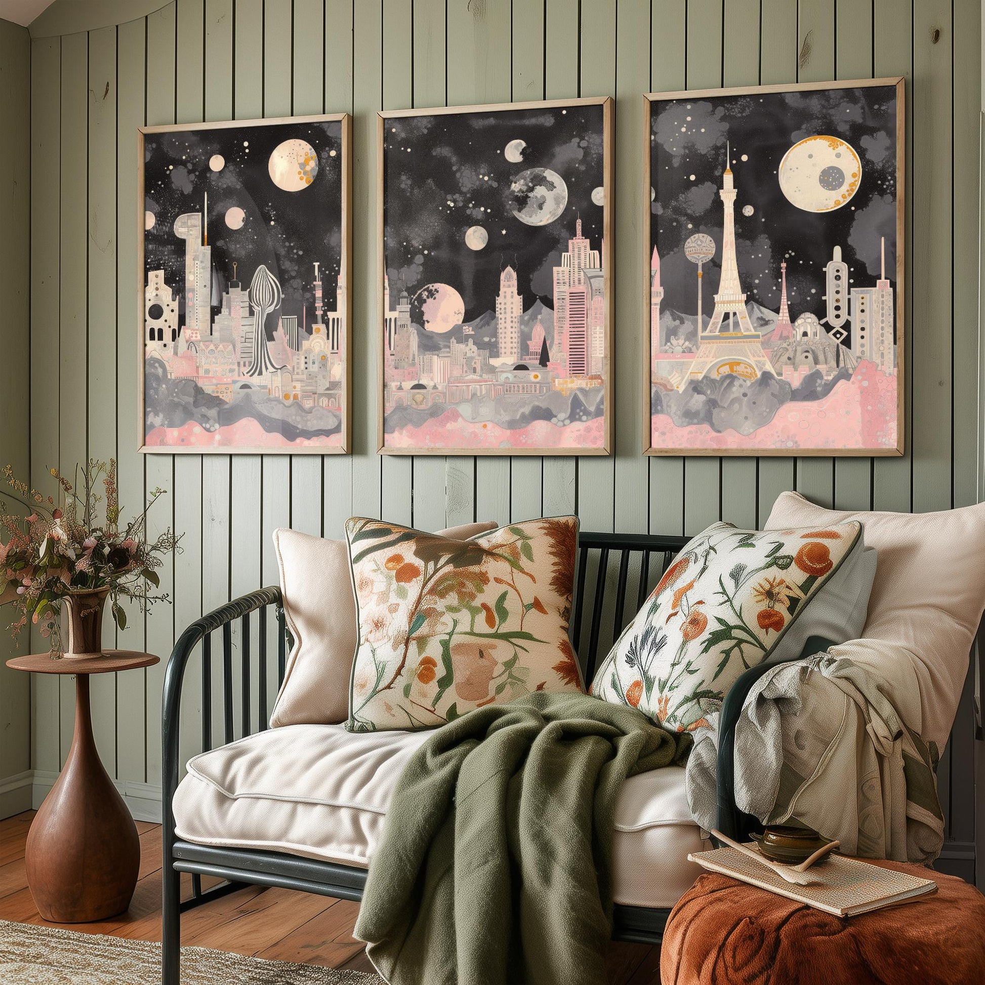 Las Vegas USA Set of Three Art Prints | Strip Skyline Wall Art | Pink Grey Poster Illustration