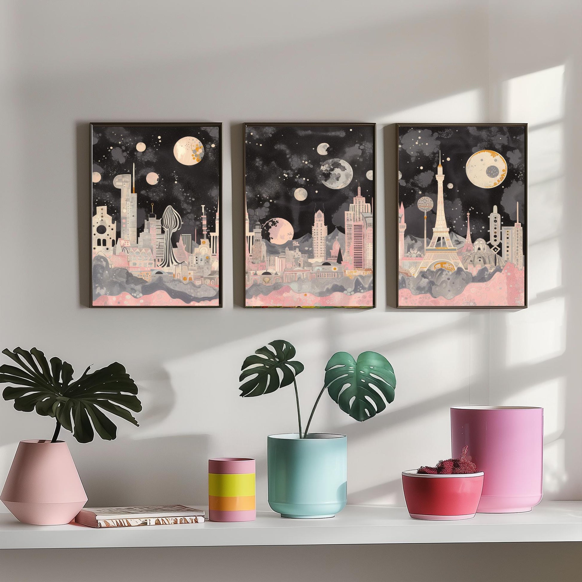 Las Vegas USA Set of Three Art Prints | Strip Skyline Wall Art | Pink Grey Poster Illustration