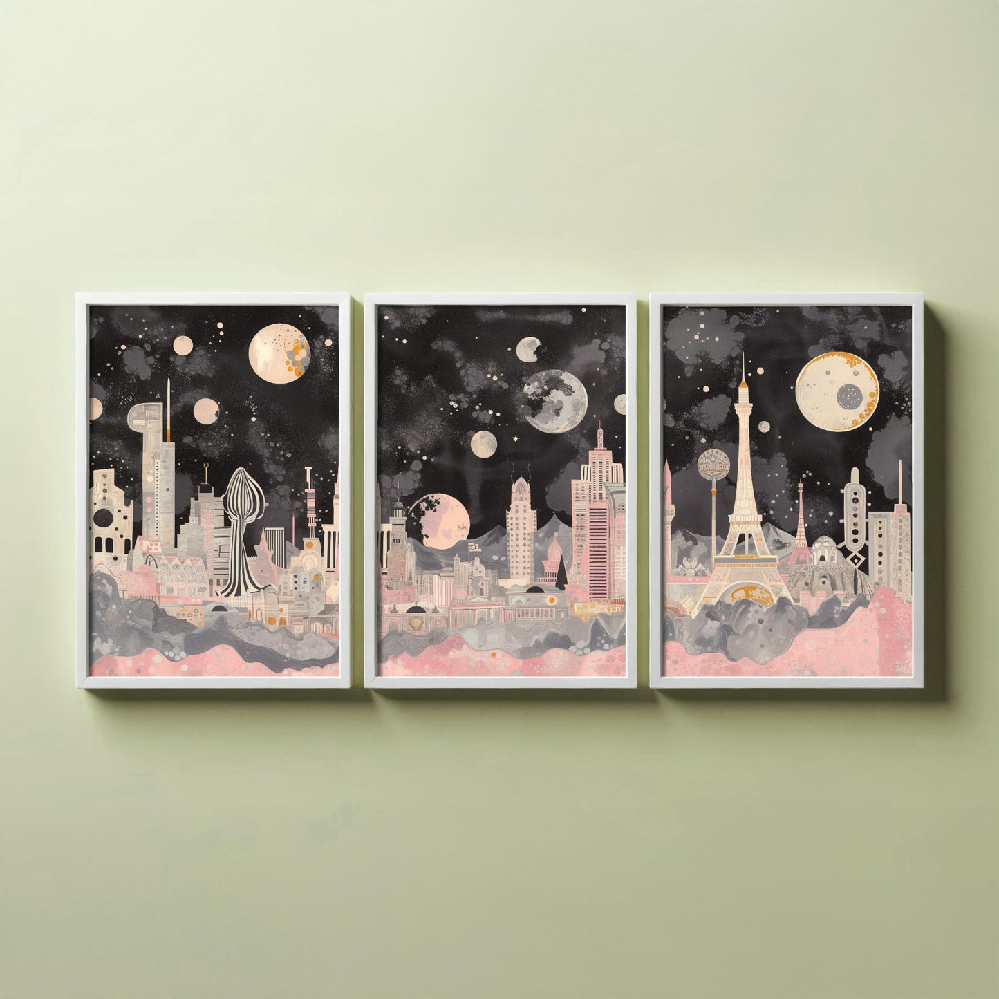 Las Vegas USA Set of Three Art Prints | Strip Skyline Wall Art | Pink Grey Poster Illustration