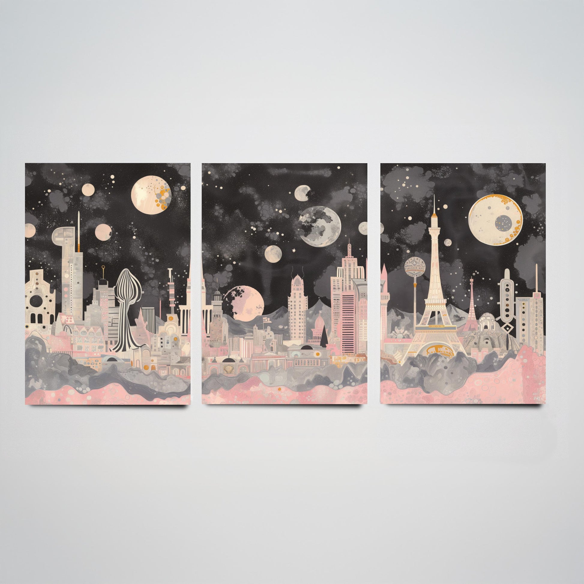 Las Vegas USA Set of Three Art Prints | Strip Skyline Wall Art | Pink Grey Poster Illustration