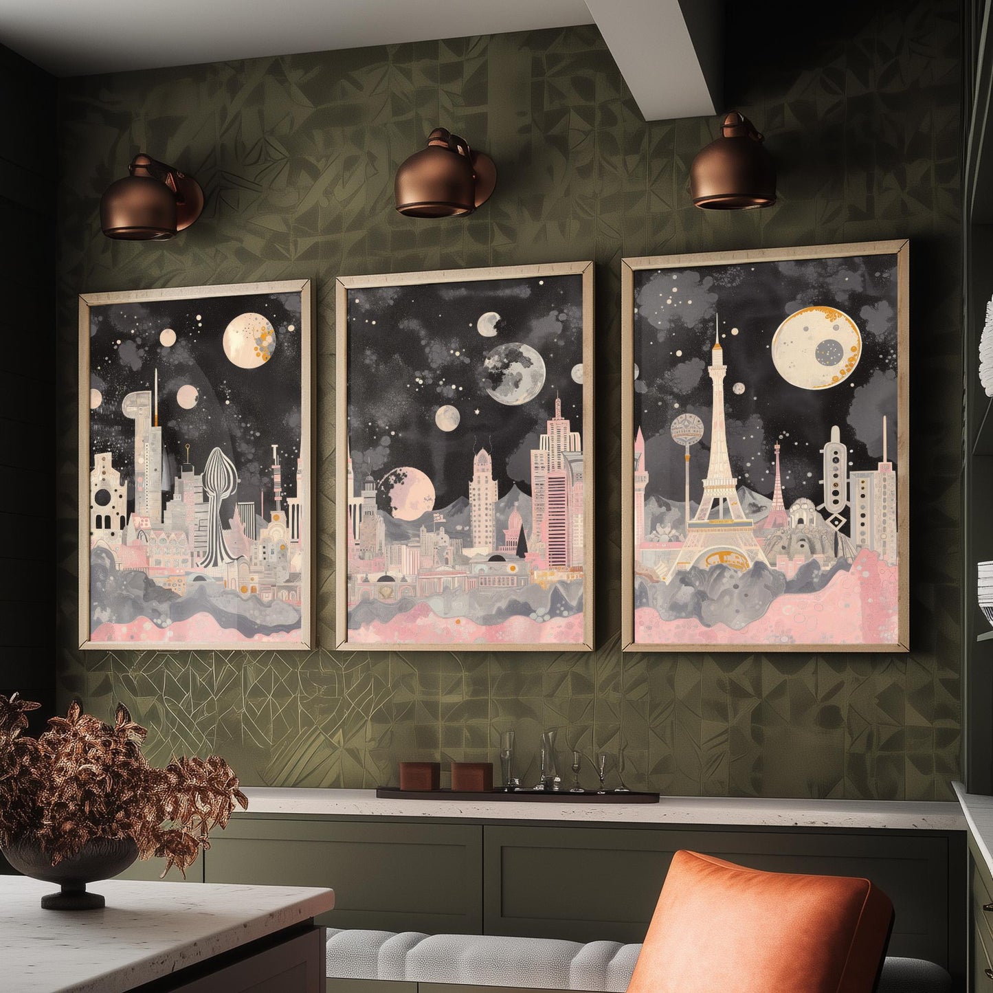 Las Vegas USA Set of Three Art Prints | Strip Skyline Wall Art | Pink Grey Poster Illustration