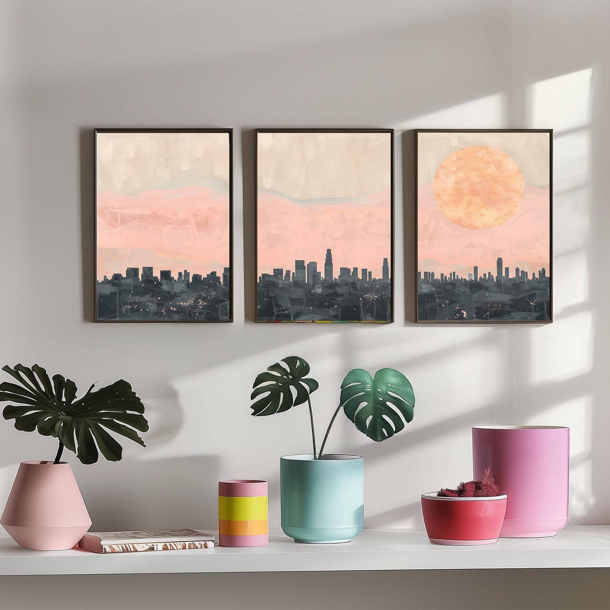 Los Angeles USA Set of Three Art Prints | Downtown Skyline Wall Art | Pink Poster Illustration V1