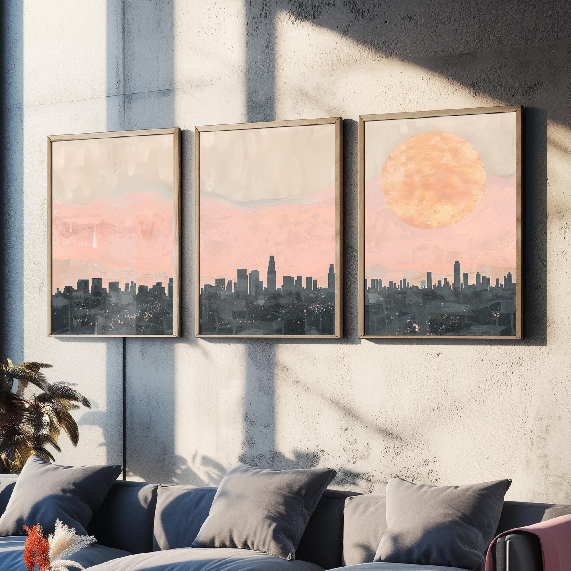 Los Angeles USA Set of Three Art Prints | Downtown Skyline Wall Art | Pink Poster Illustration V1