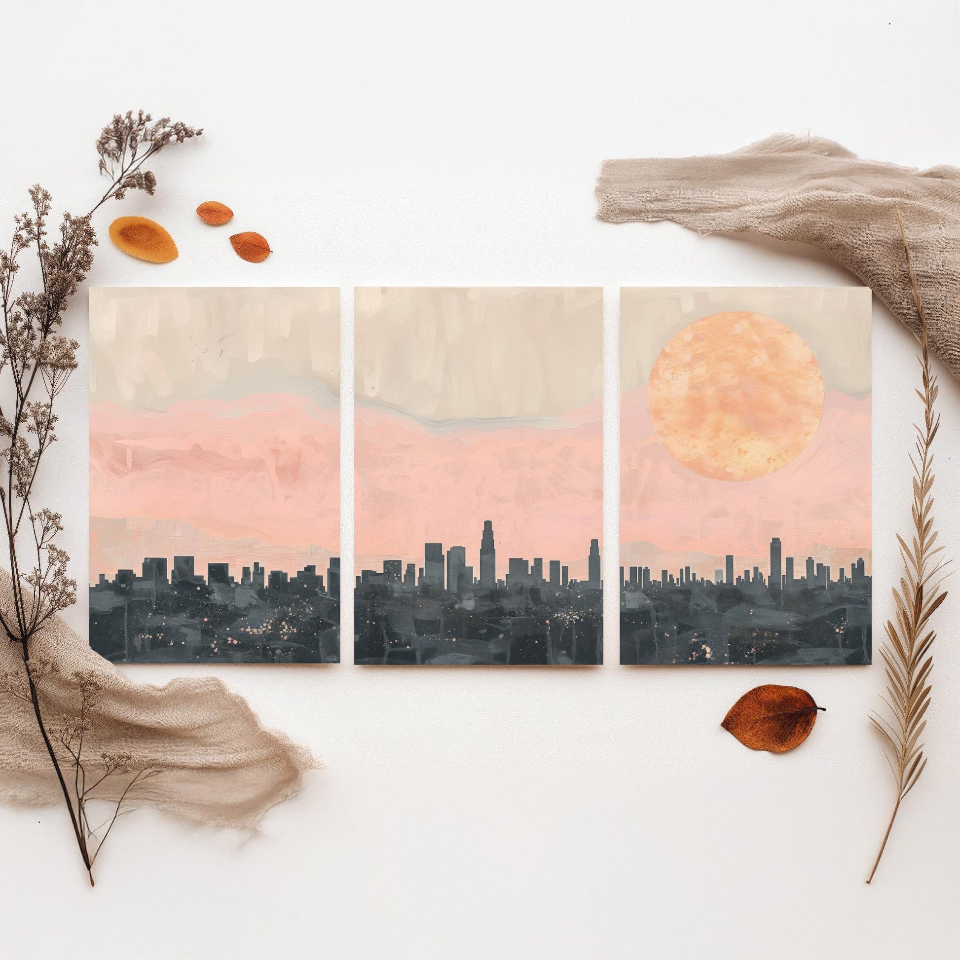 Los Angeles USA Set of Three Art Prints | Downtown Skyline Wall Art | Pink Poster Illustration V1