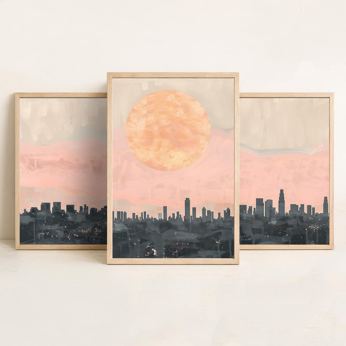 Los Angeles USA Set of Three Art Prints | Downtown Skyline Wall Art | Pink Poster Illustration V1