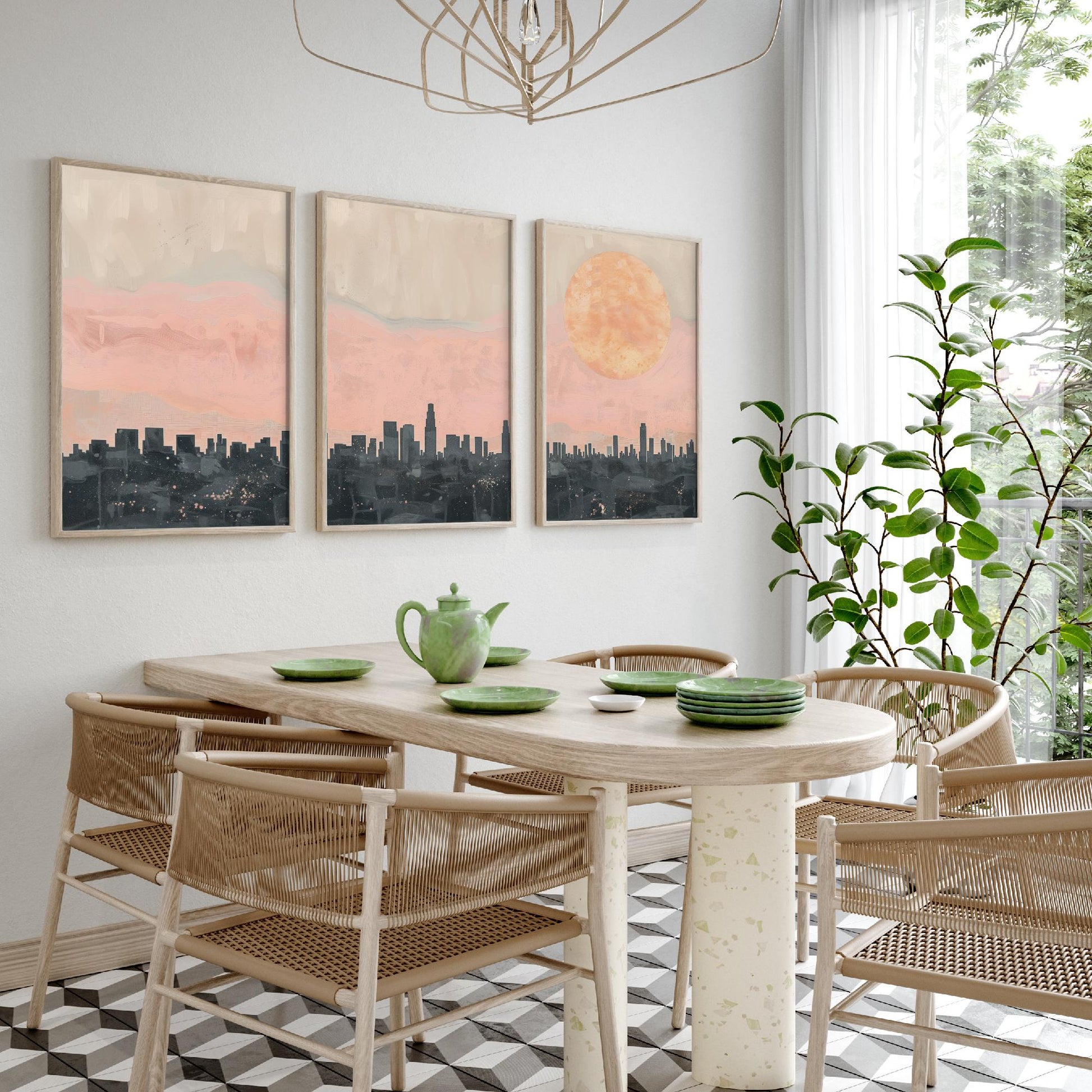 Los Angeles USA Set of Three Art Prints | Downtown Skyline Wall Art | Pink Poster Illustration V1