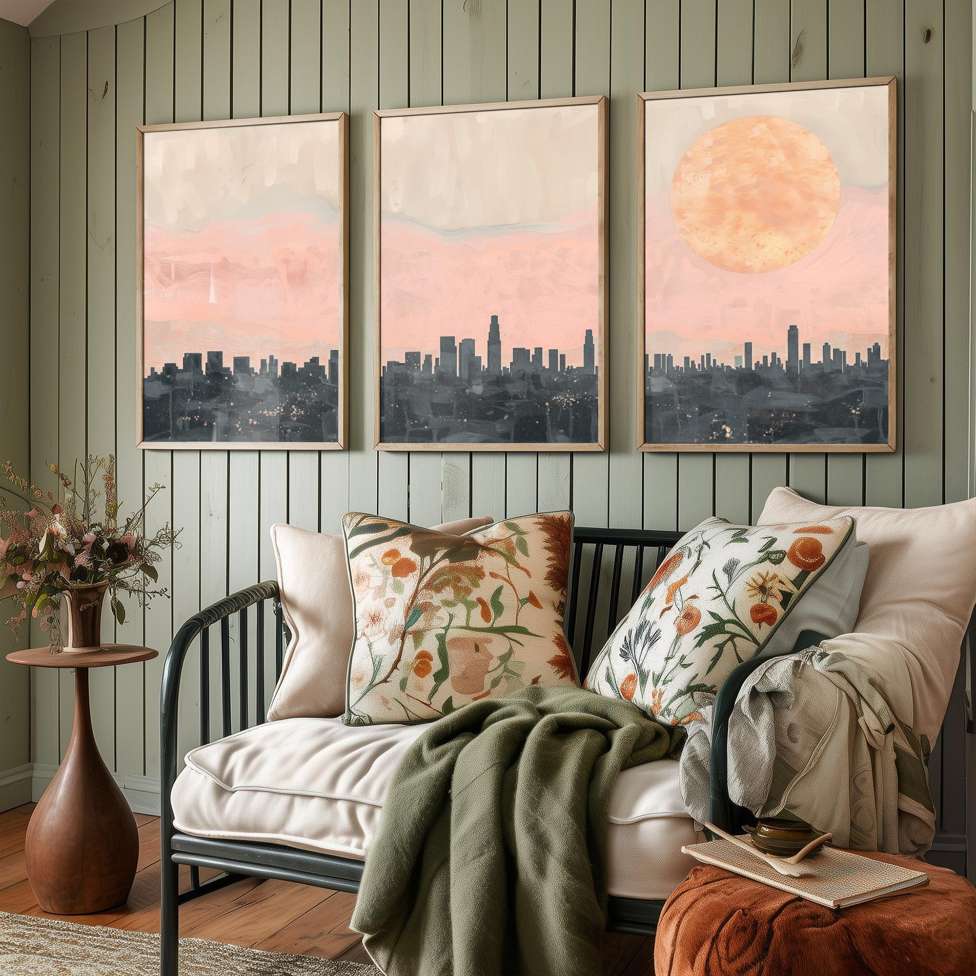 Los Angeles USA Set of Three Art Prints | Downtown Skyline Wall Art | Pink Poster Illustration V1
