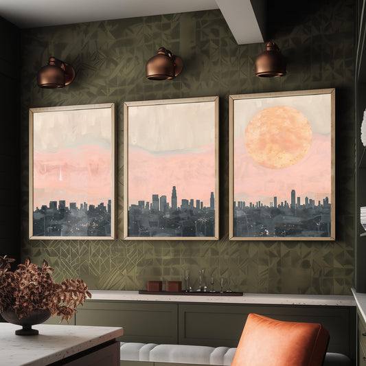 Los Angeles USA Set of Three Art Prints | Downtown Skyline Wall Art | Pink Poster Illustration V1