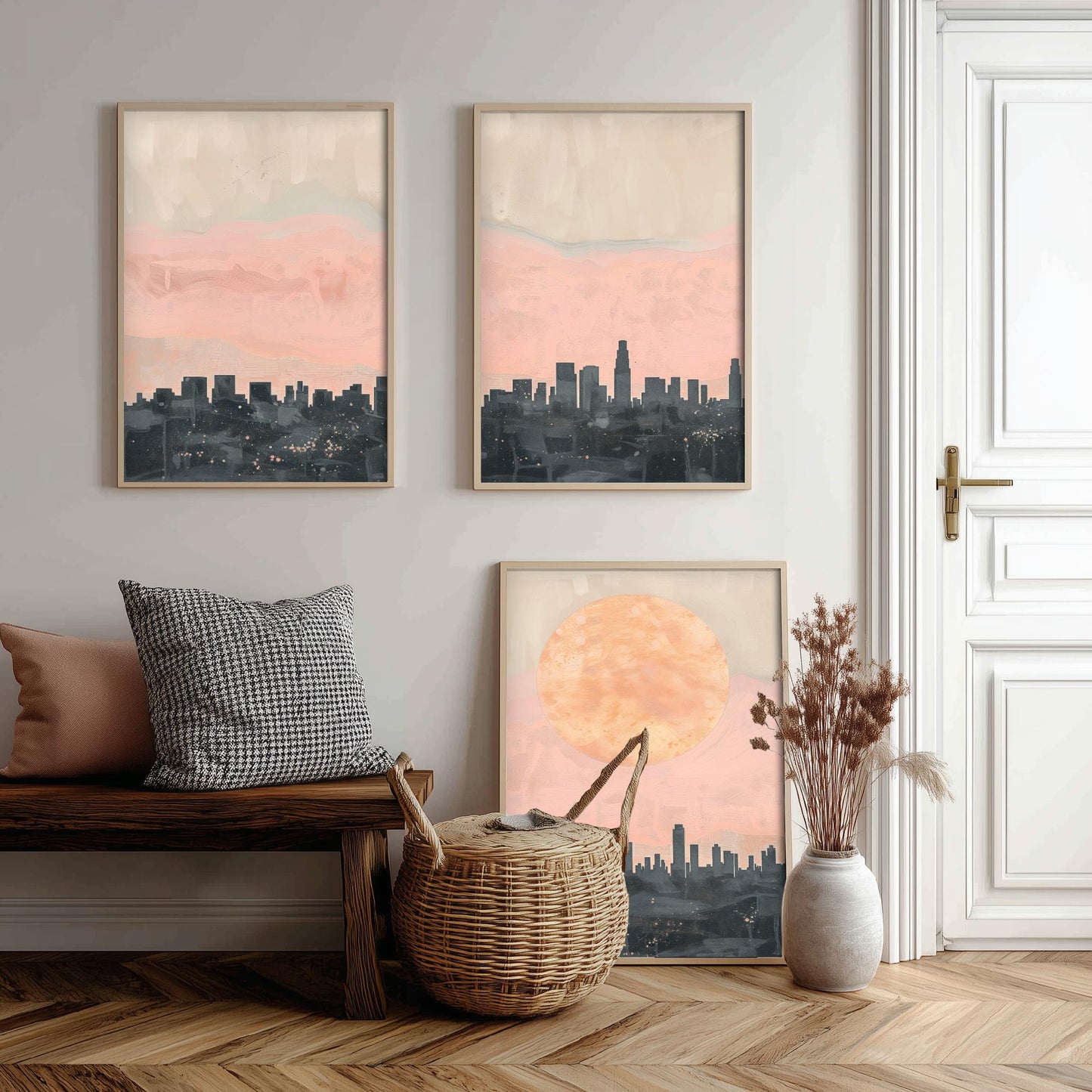 Los Angeles USA Set of Three Art Prints | Downtown Skyline Wall Art | Pink Poster Illustration V1