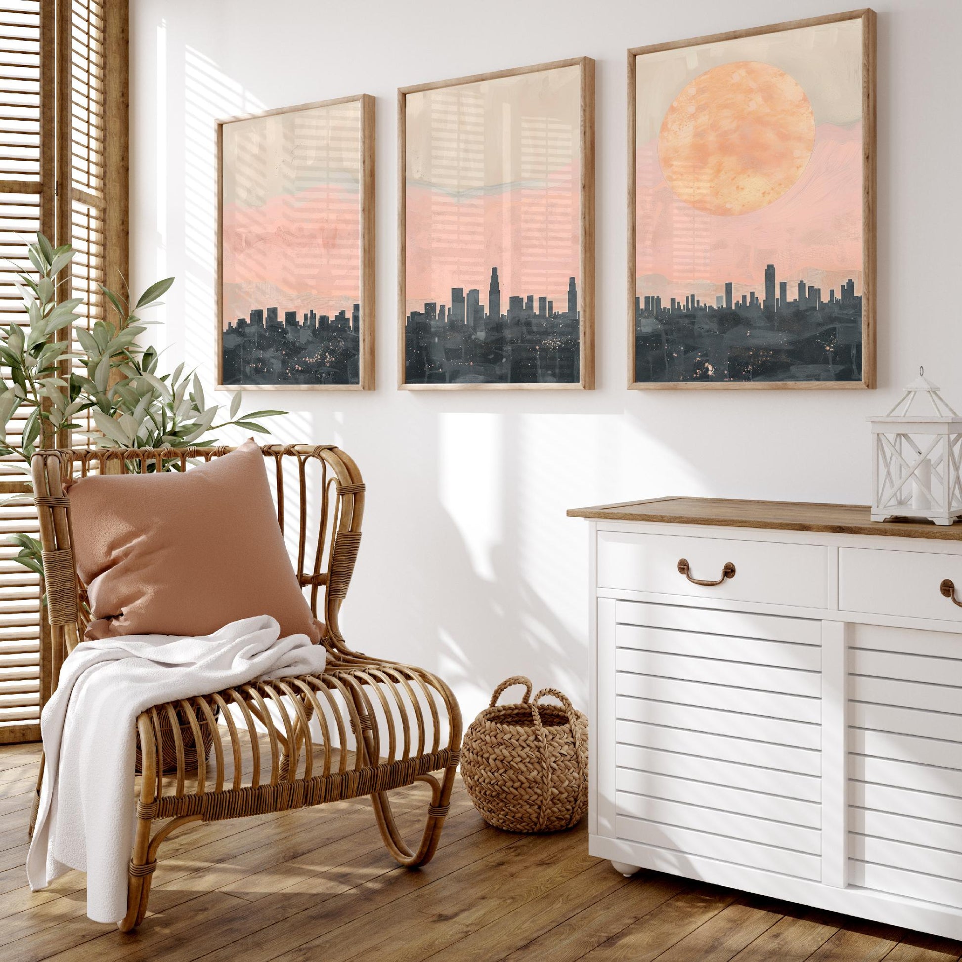 Los Angeles USA Set of Three Art Prints | Downtown Skyline Wall Art | Pink Poster Illustration V1