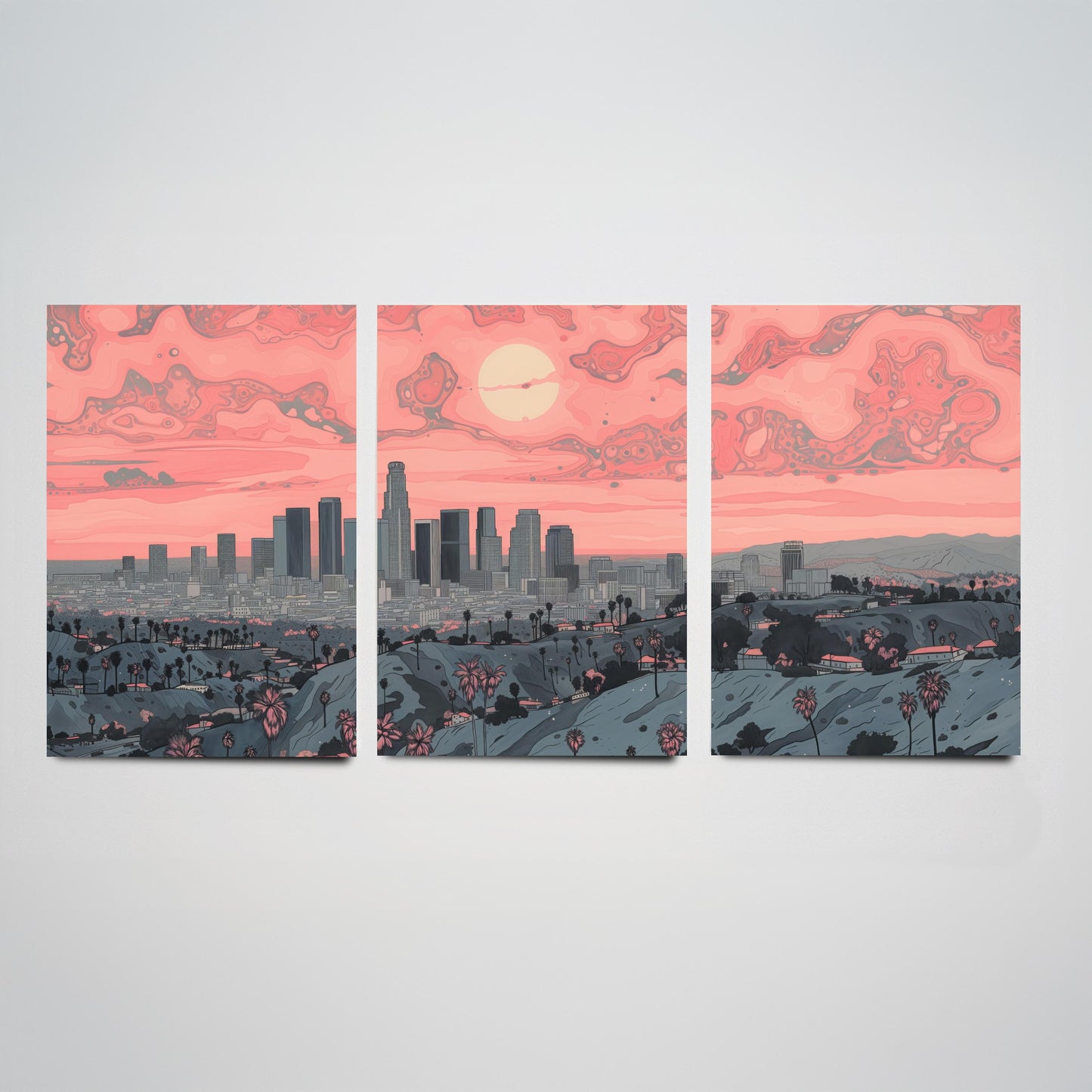Los Angeles USA Set of Three Art Prints | Palm Tree Skyline Wall Art | Pink Poster Illustration V2