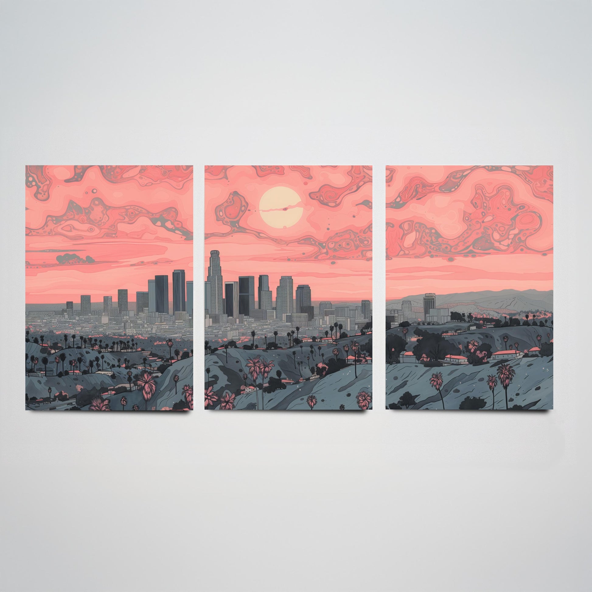 Los Angeles USA Set of Three Art Prints | Palm Tree Skyline Wall Art | Pink Poster Illustration V2