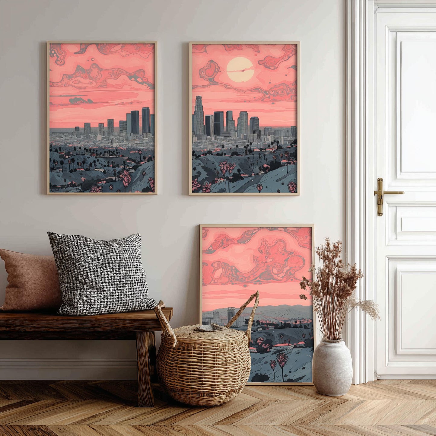 Los Angeles USA Set of Three Art Prints | Palm Tree Skyline Wall Art | Pink Poster Illustration V2