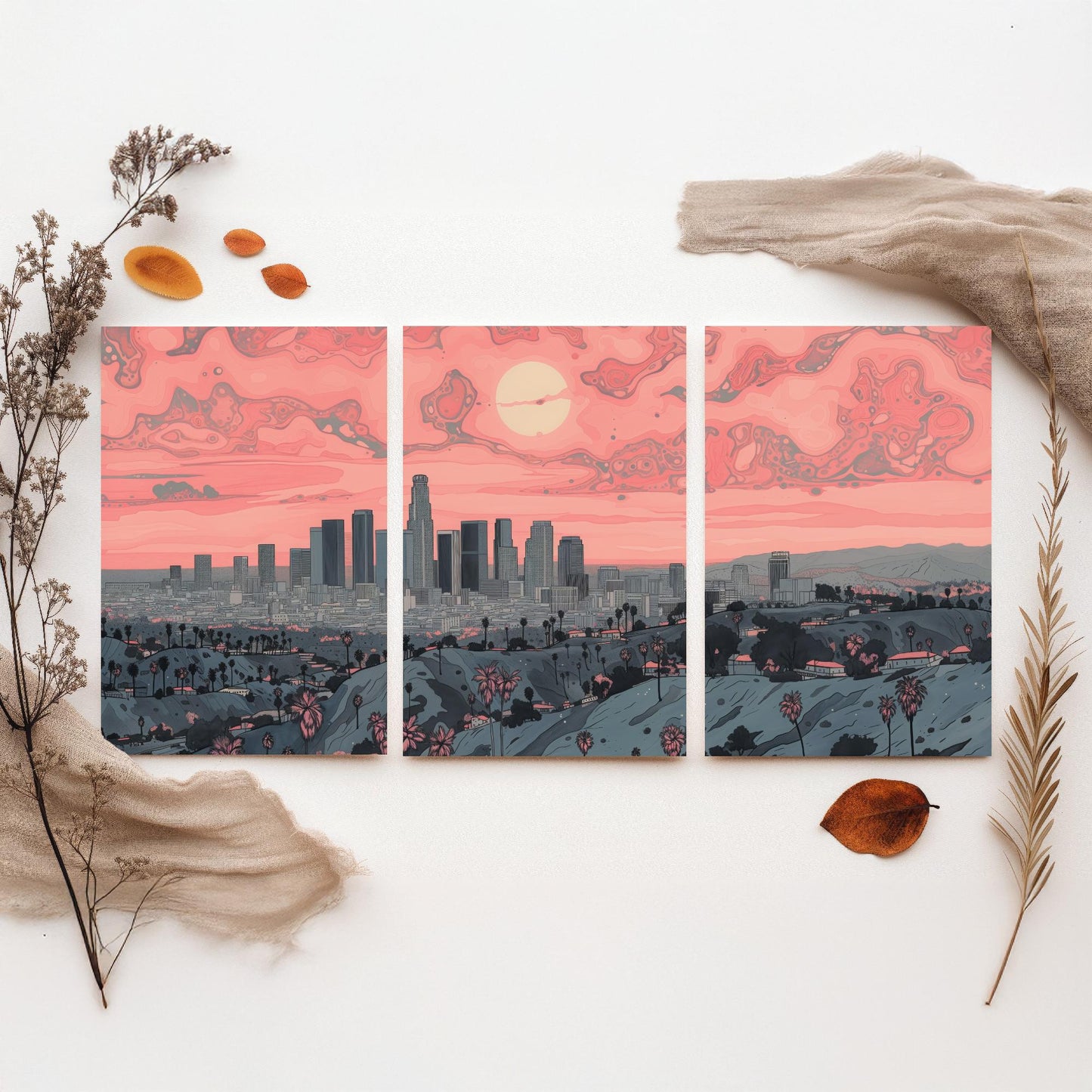Los Angeles USA Set of Three Art Prints | Palm Tree Skyline Wall Art | Pink Poster Illustration V2