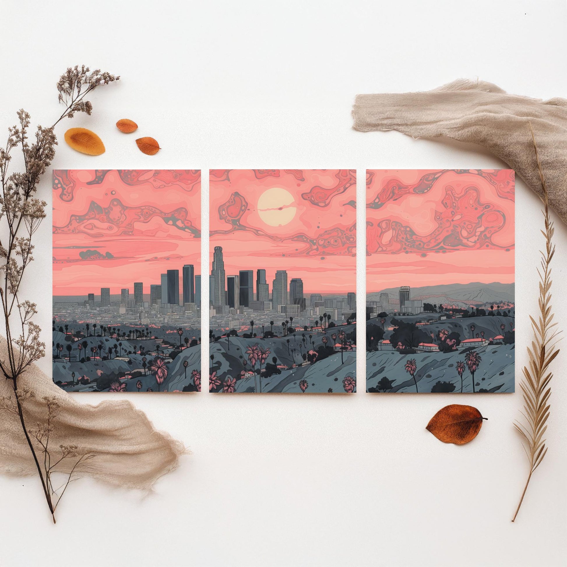 Los Angeles USA Set of Three Art Prints | Palm Tree Skyline Wall Art | Pink Poster Illustration V2