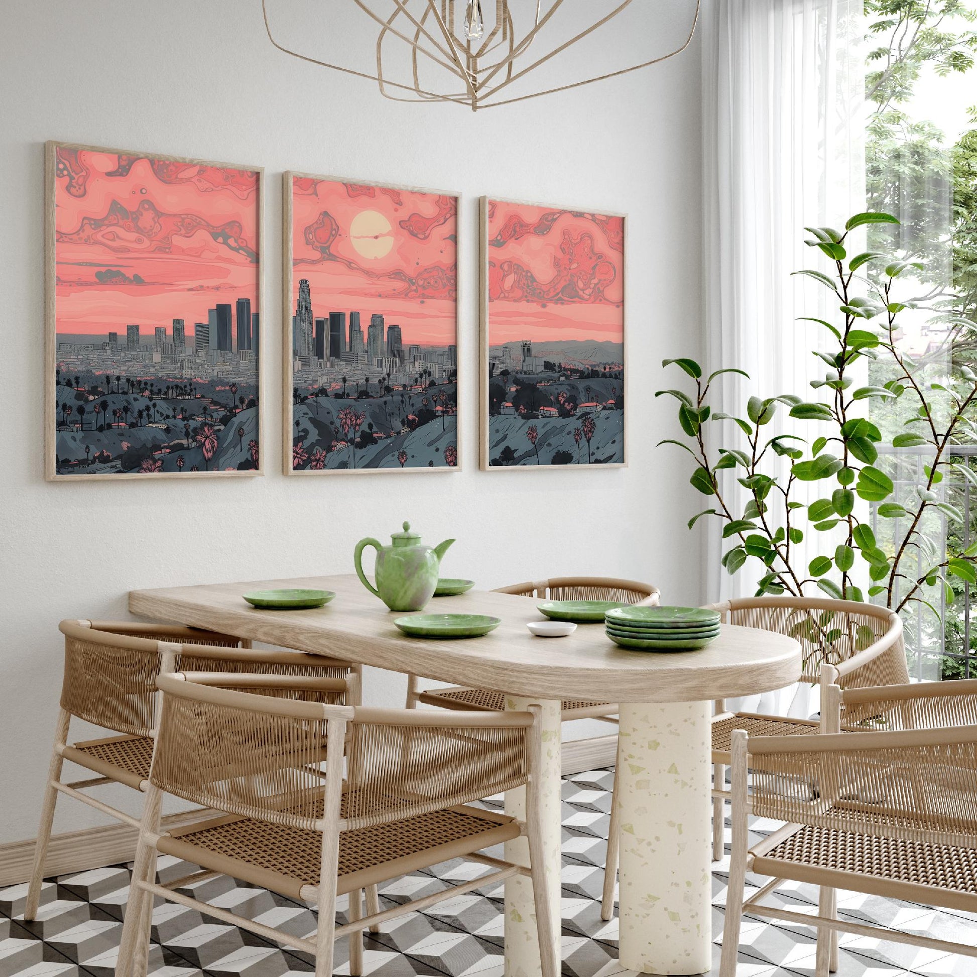 Los Angeles USA Set of Three Art Prints | Palm Tree Skyline Wall Art | Pink Poster Illustration V2
