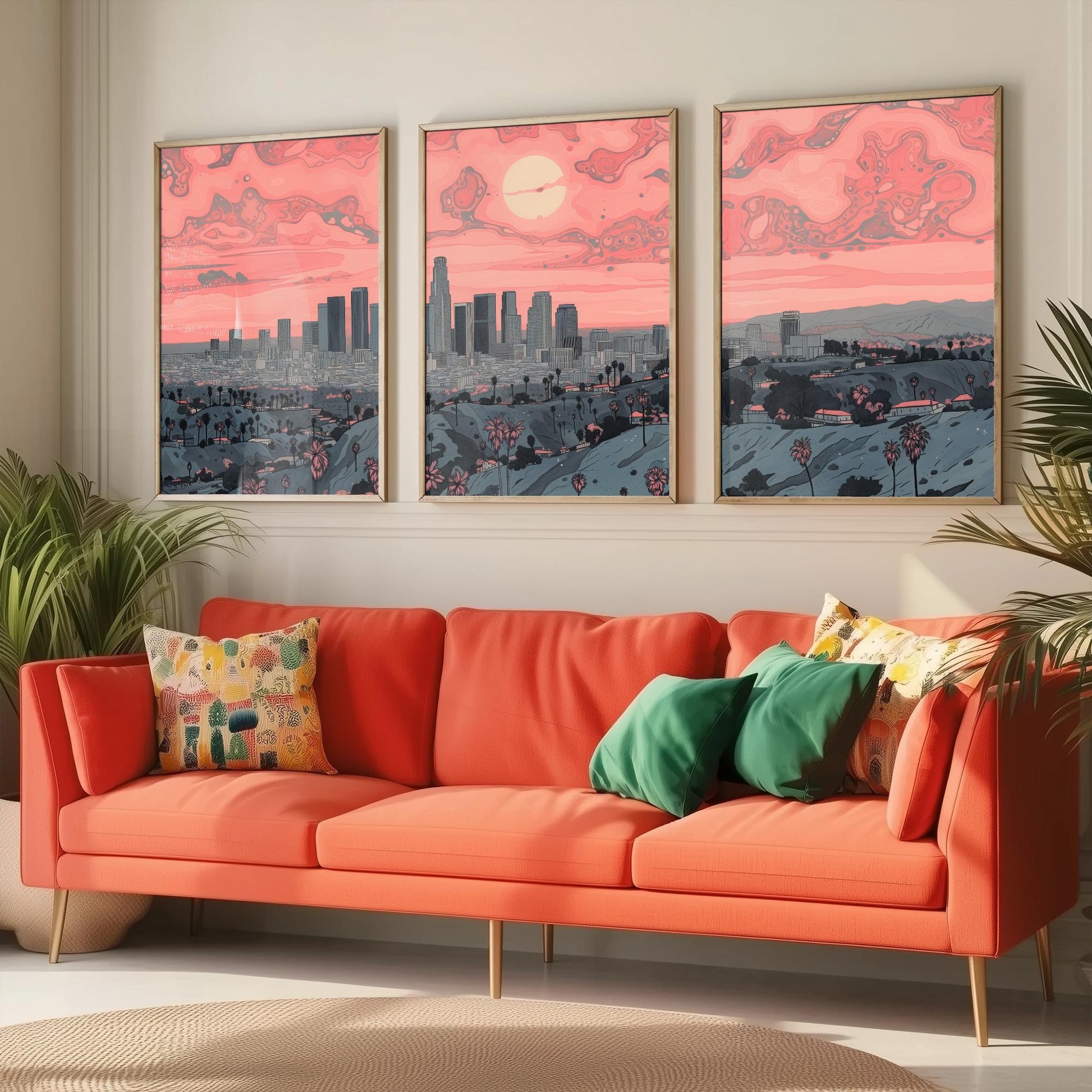 Los Angeles USA Set of Three Art Prints | Palm Tree Skyline Wall Art | Pink Poster Illustration V2