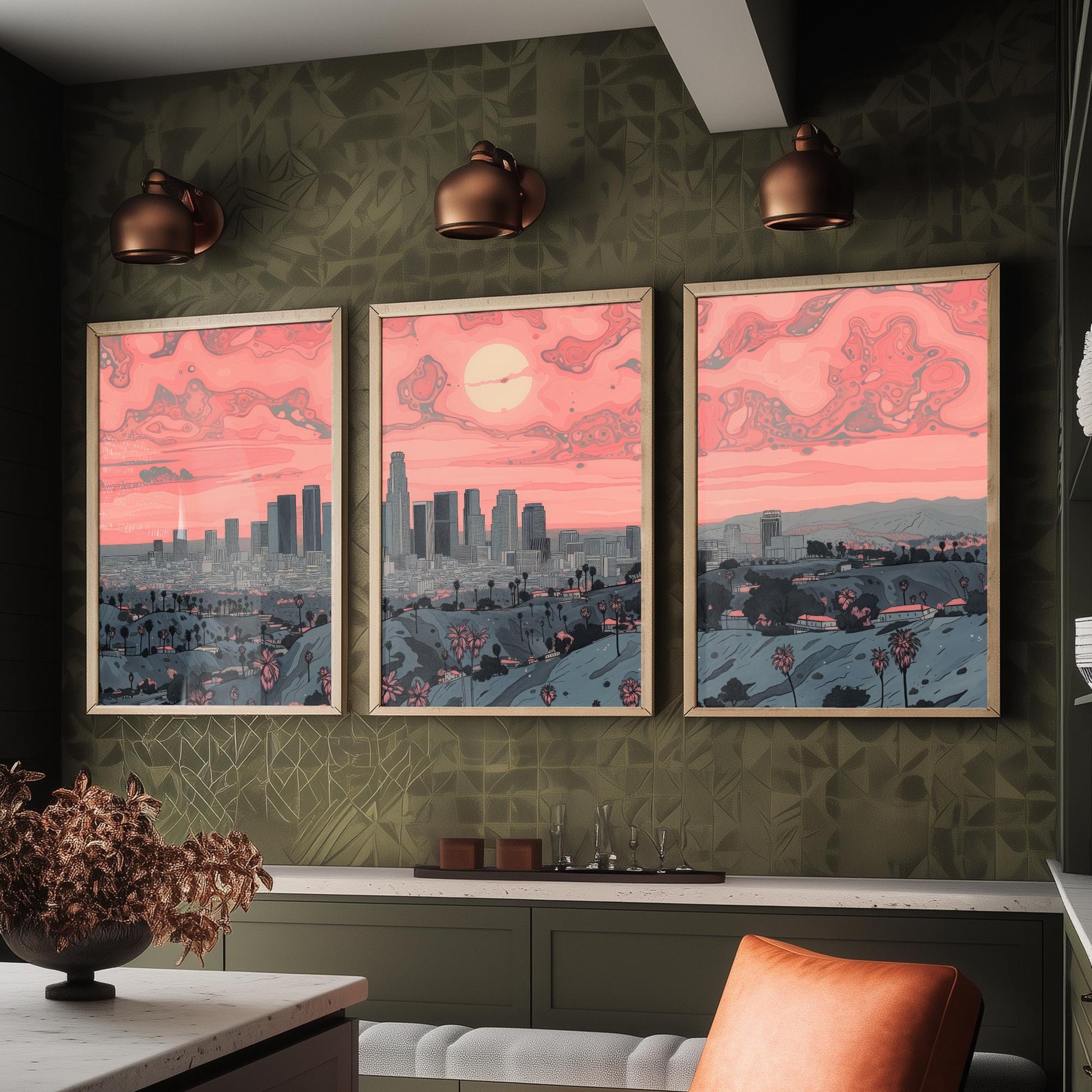Los Angeles USA Set of Three Art Prints | Palm Tree Skyline Wall Art | Pink Poster Illustration V2