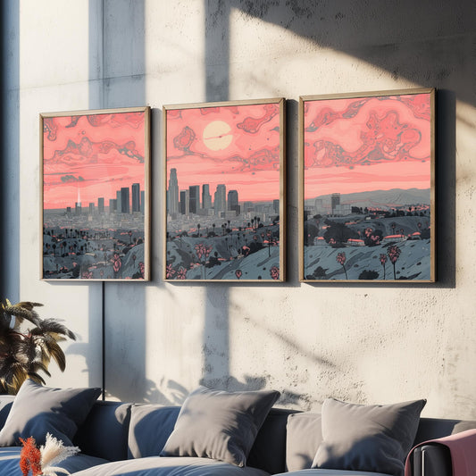 Los Angeles USA Set of Three Art Prints | Palm Tree Skyline Wall Art | Pink Poster Illustration V2