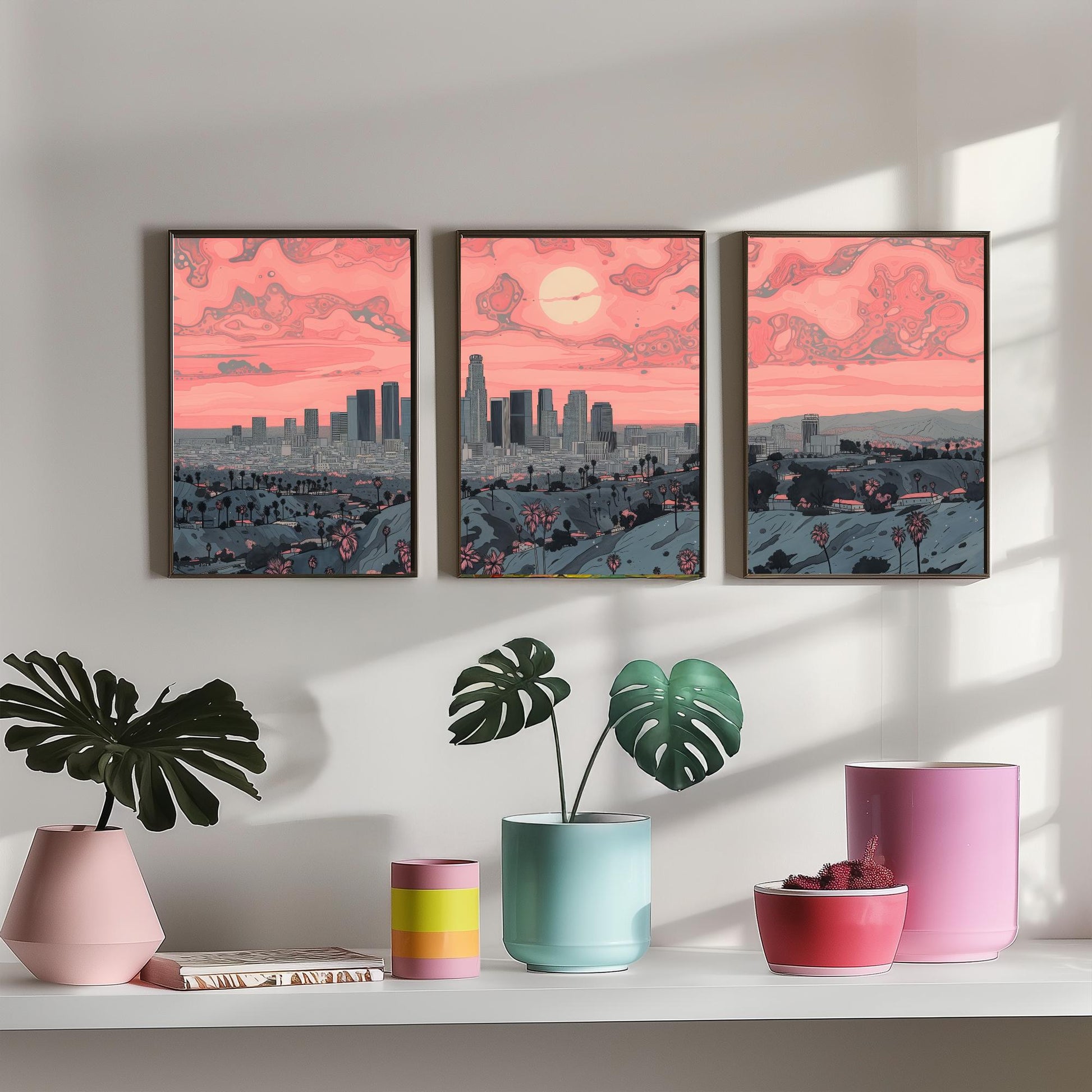 Los Angeles USA Set of Three Art Prints | Palm Tree Skyline Wall Art | Pink Poster Illustration V2