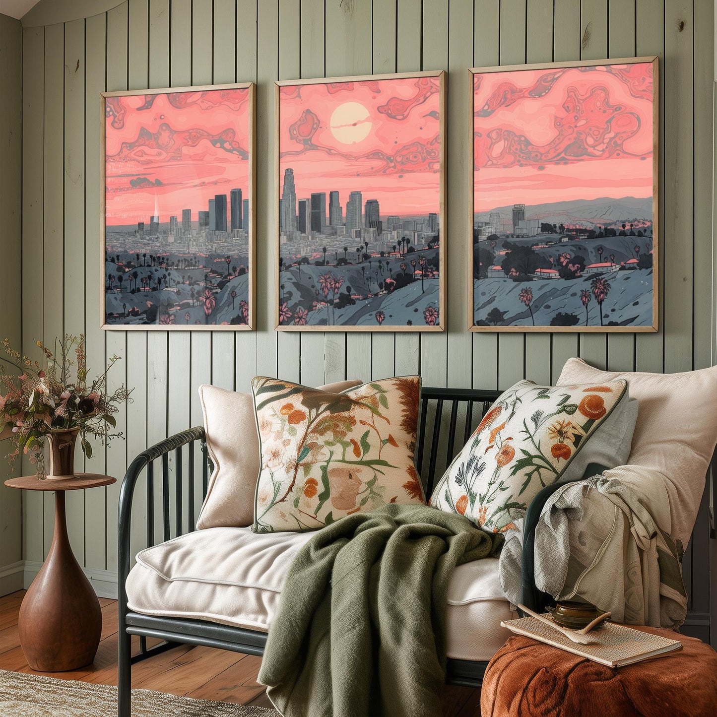 Los Angeles USA Set of Three Art Prints | Palm Tree Skyline Wall Art | Pink Poster Illustration V2