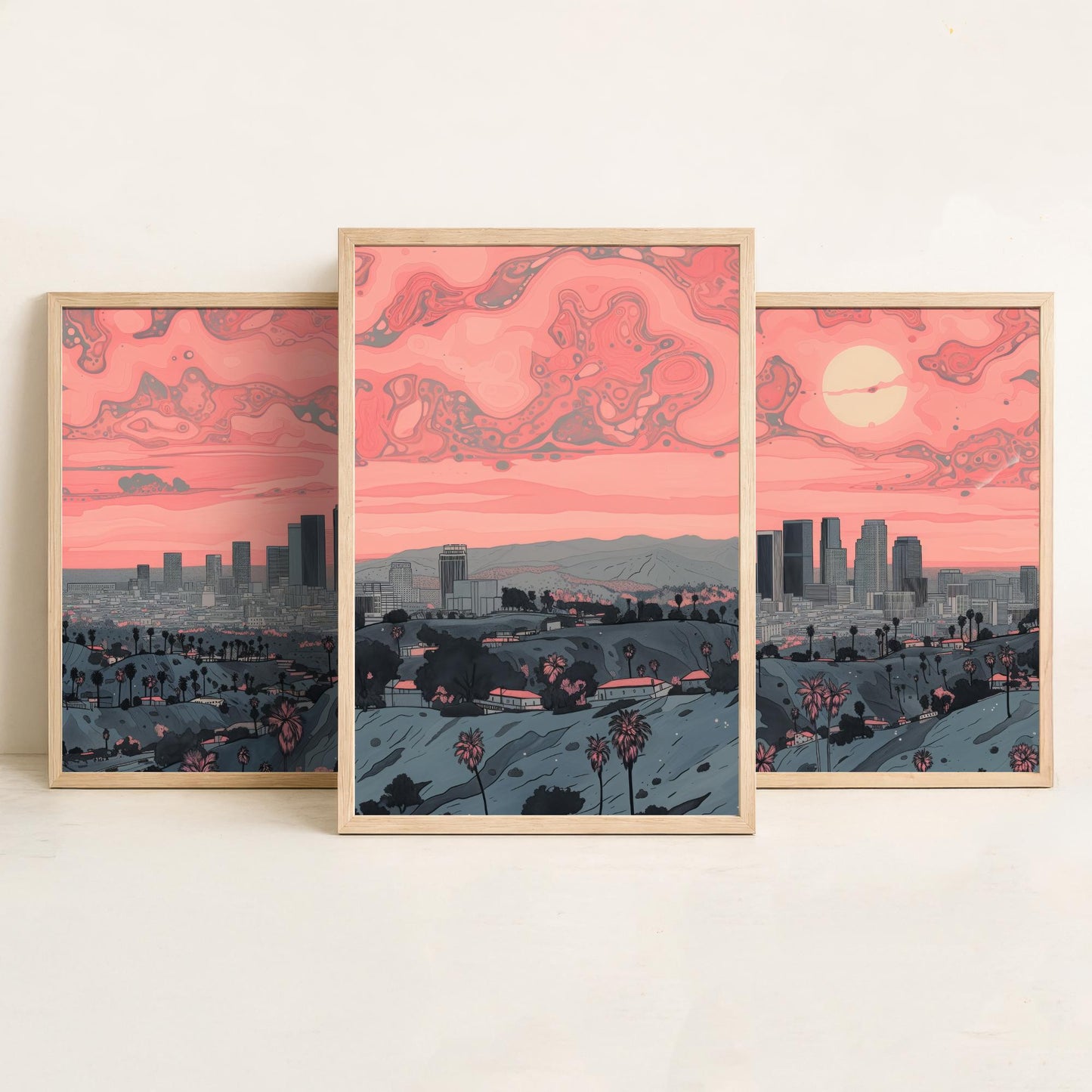Los Angeles USA Set of Three Art Prints | Palm Tree Skyline Wall Art | Pink Poster Illustration V2