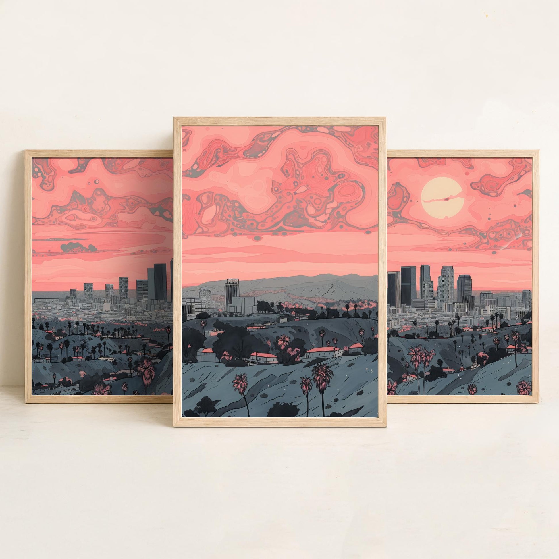Los Angeles USA Set of Three Art Prints | Palm Tree Skyline Wall Art | Pink Poster Illustration V2