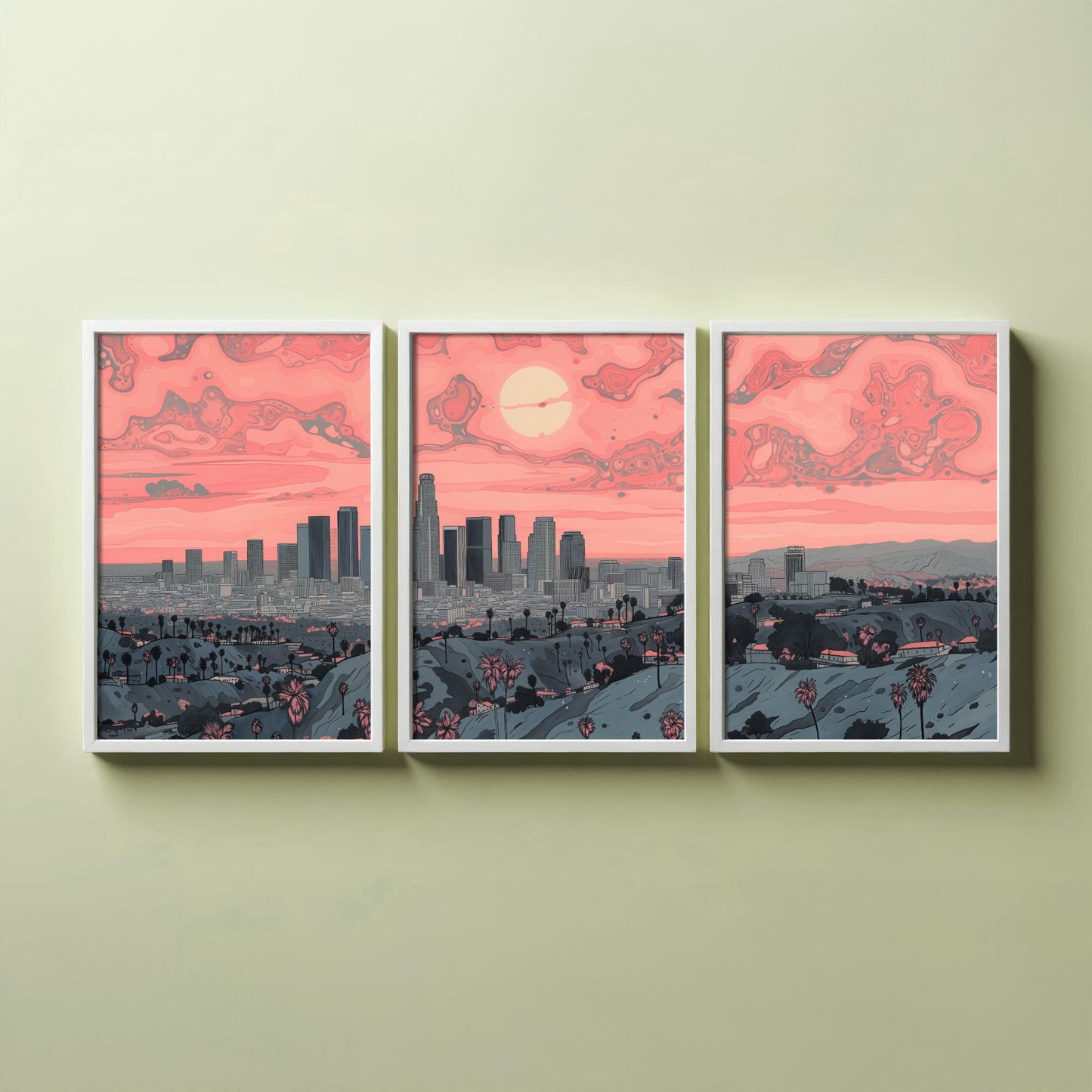 Los Angeles USA Set of Three Art Prints | Palm Tree Skyline Wall Art | Pink Poster Illustration V2
