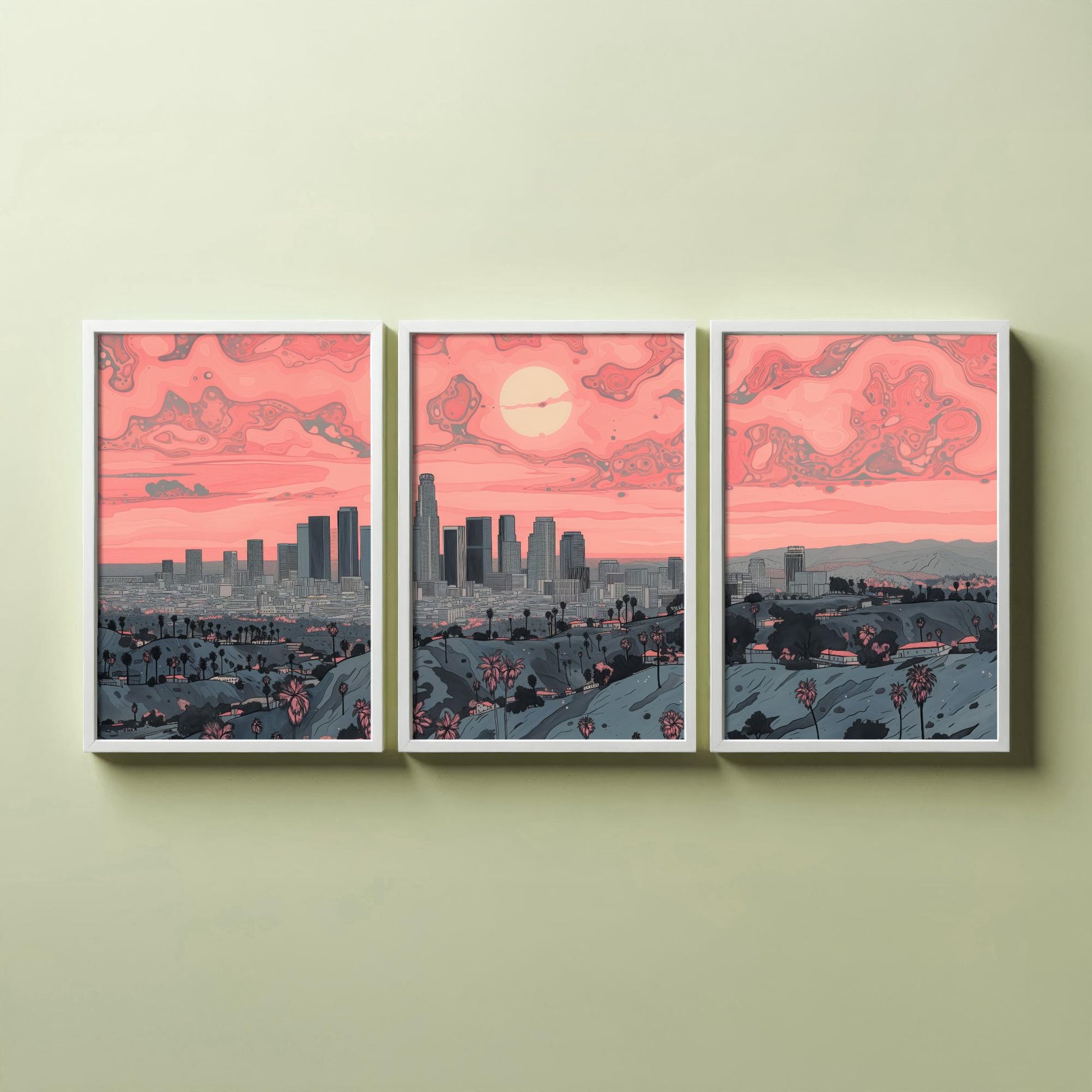 Los Angeles USA Set of Three Art Prints | Palm Tree Skyline Wall Art | Pink Poster Illustration V2