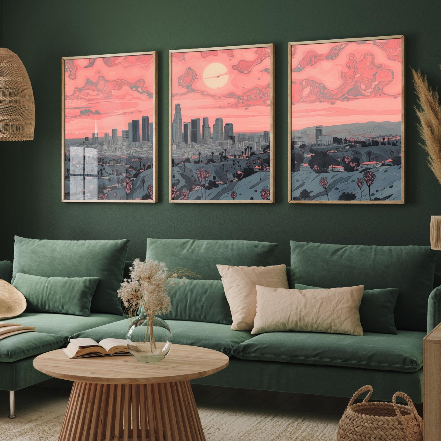 Los Angeles USA Set of Three Art Prints | Palm Tree Skyline Wall Art | Pink Poster Illustration V2