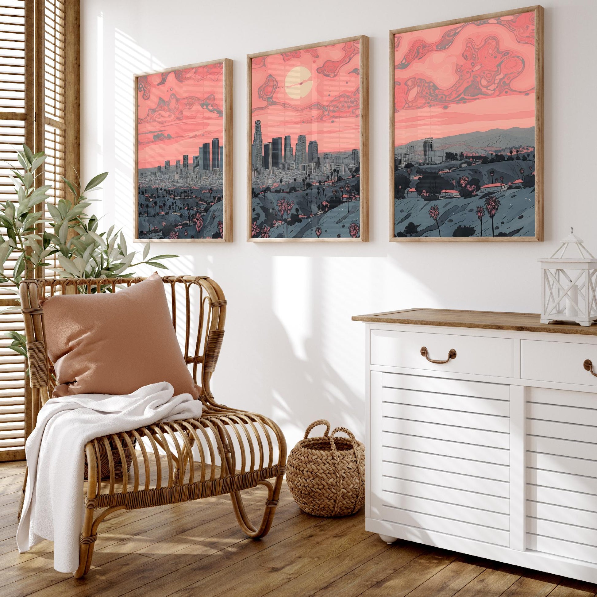 Los Angeles USA Set of Three Art Prints | Palm Tree Skyline Wall Art | Pink Poster Illustration V2